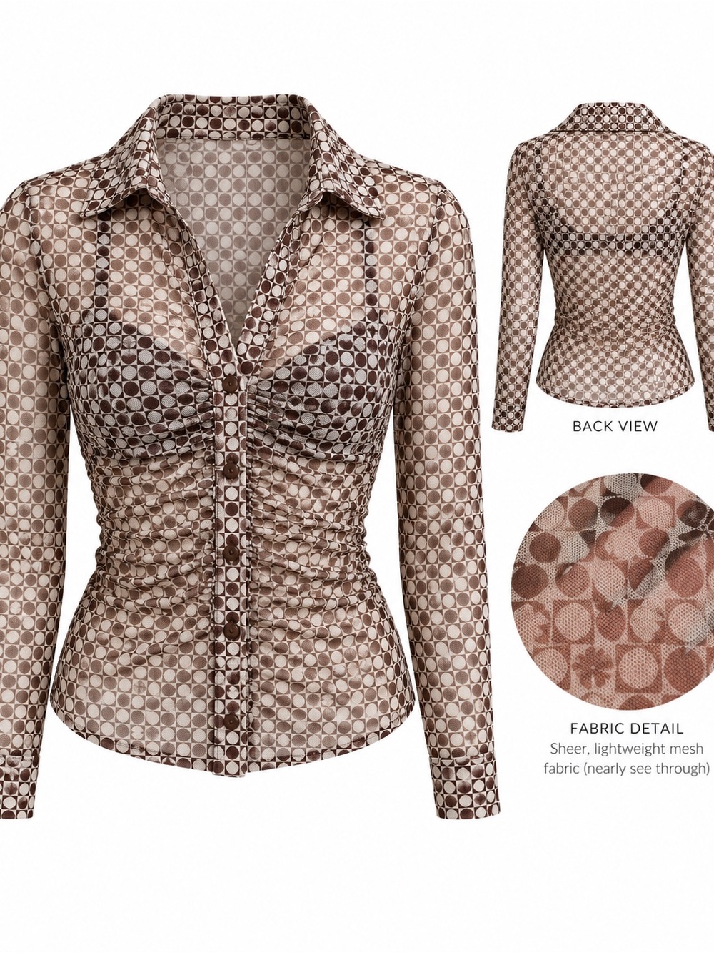 Sheer Ruched Long-Sleeve Button Front Top - Brown Circle Print
